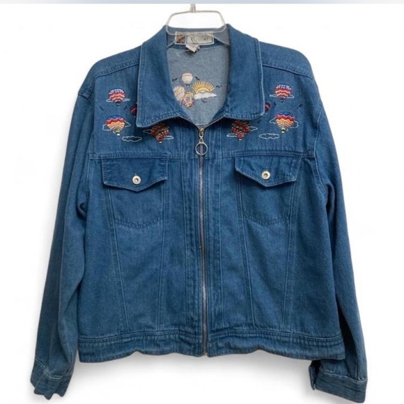 Vintage 90’s Embroidered Denim Jacket Hot Air Balloons Cottagecore Women’s Large - Picture 1 of 7